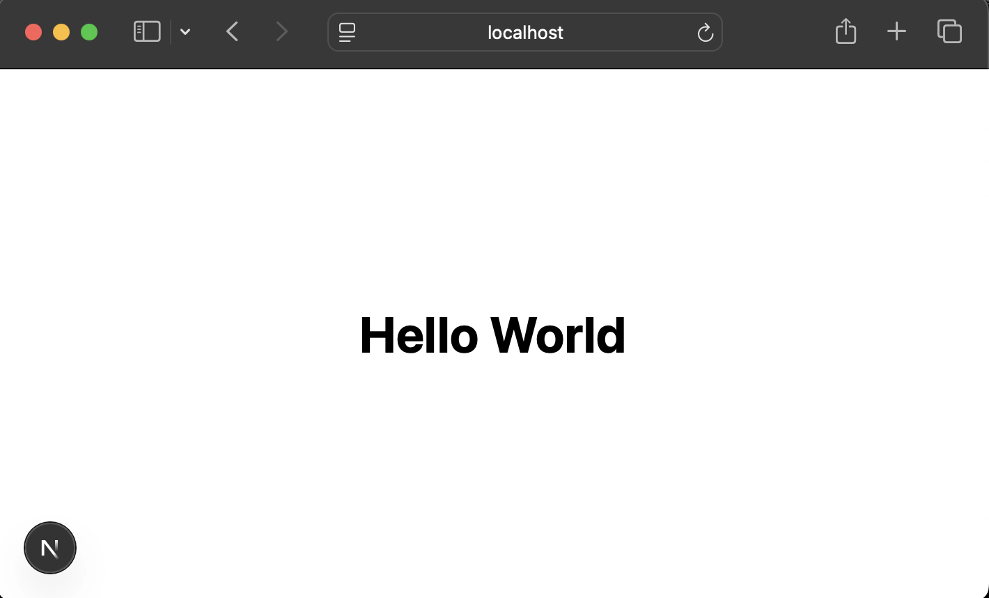 Browser showing Next.js development server with ‘Hello World’ heading centred on the page