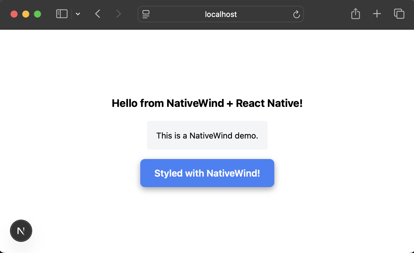 Browser showing NativeWind demo with styled text and buttons using Tailwind classes on React Native components
