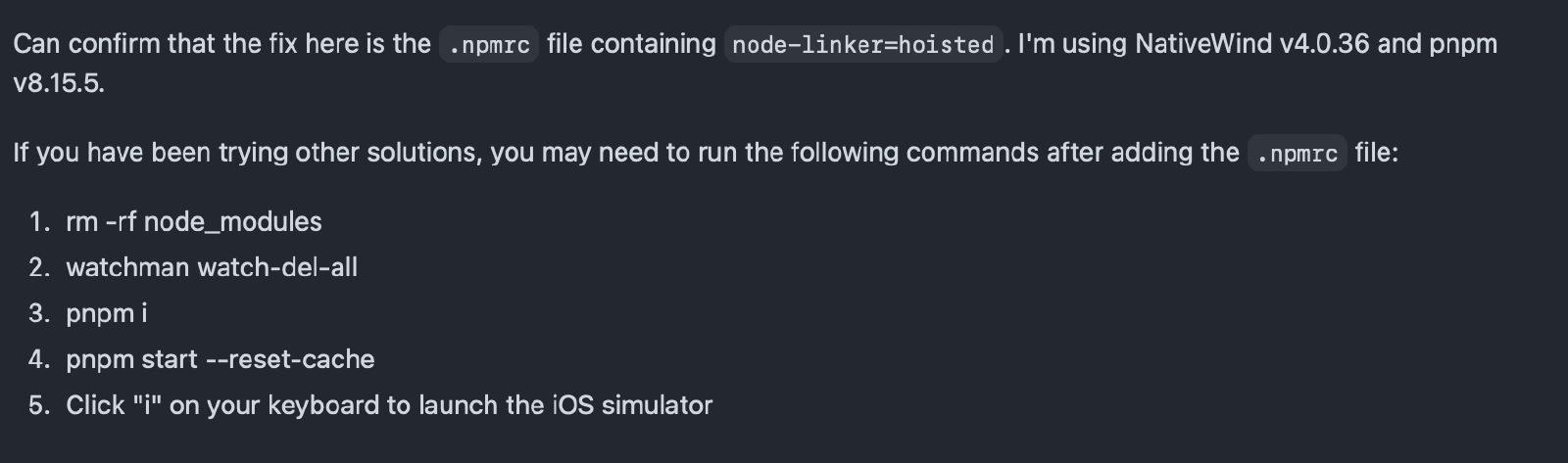 GitHub issue thread showing the community solution for Metro bundling problems in pnpm monorepos
