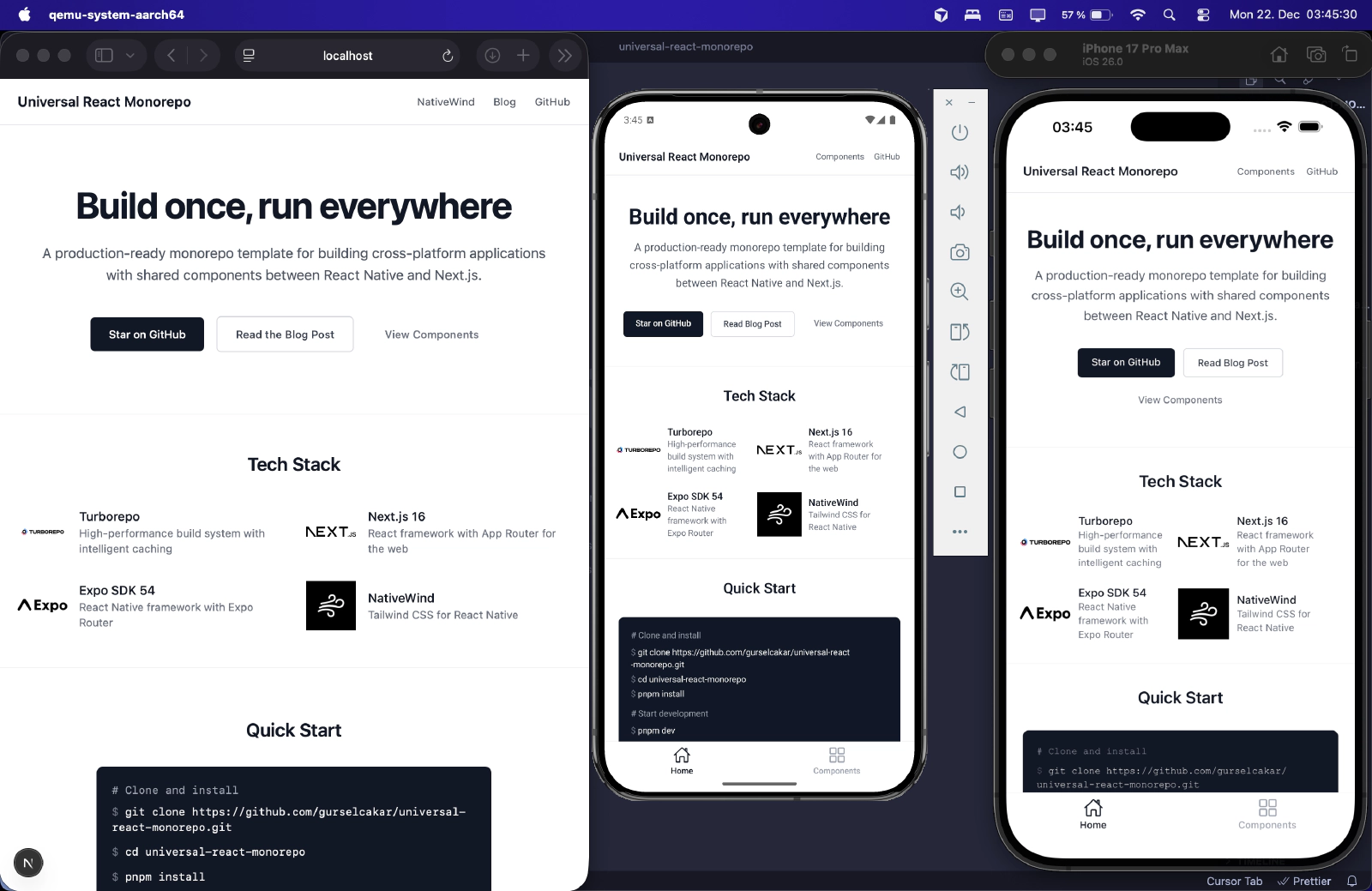 Universal React Monorepo running on three platforms: web browser, iOS simulator, and Android emulator, all displaying the same shared UI components