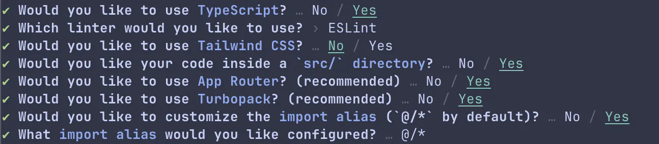 Next.js setup options showing TypeScript enabled, ESLint enabled, Tailwind CSS disabled, src/ directory enabled, App Router enabled, and import alias customisation disabled