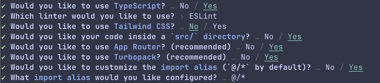 Next.js setup options showing TypeScript enabled, ESLint enabled, Tailwind CSS disabled, src/ directory enabled, App Router enabled, and import alias customisation disabled