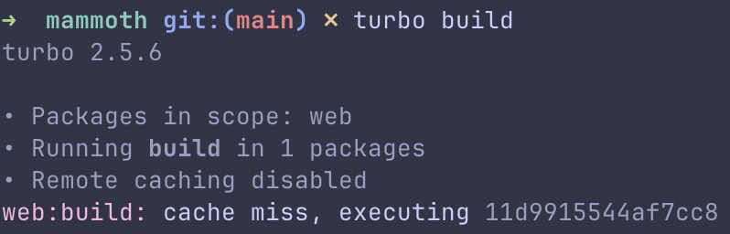 Terminal output showing Turborepo cache miss with ‘MISS’ status for the web:build task