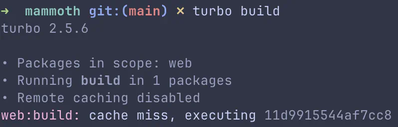 Terminal output showing Turborepo cache miss with ‘MISS’ status for the web:build task