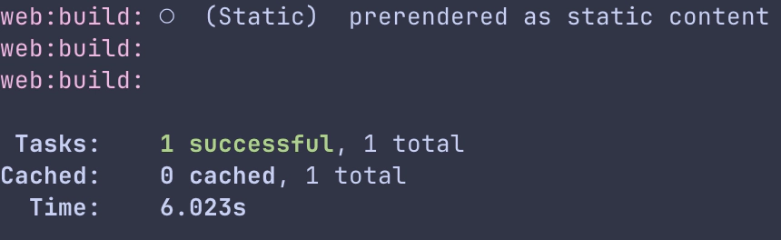 Terminal showing build completion in 6.12s with task summary