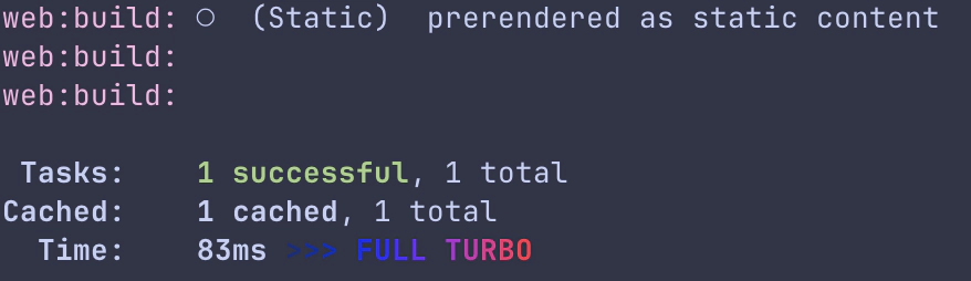 Terminal showing cached build completion in just 83ms