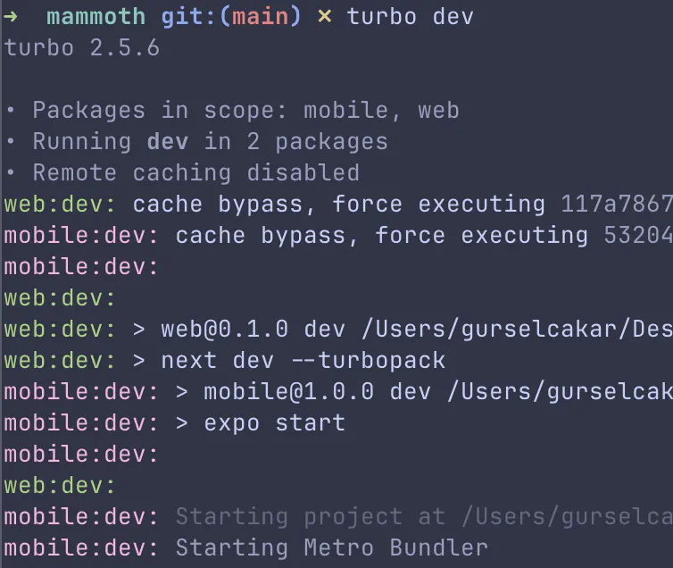 Terminal showing overlapping log output from both web and mobile development servers running simultaneously