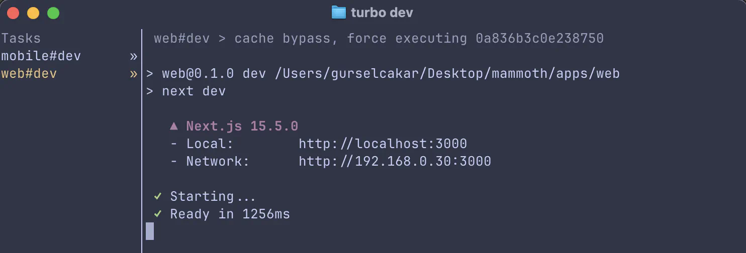 Turborepo TUI showing Next.js web development server logs with local and network URLs